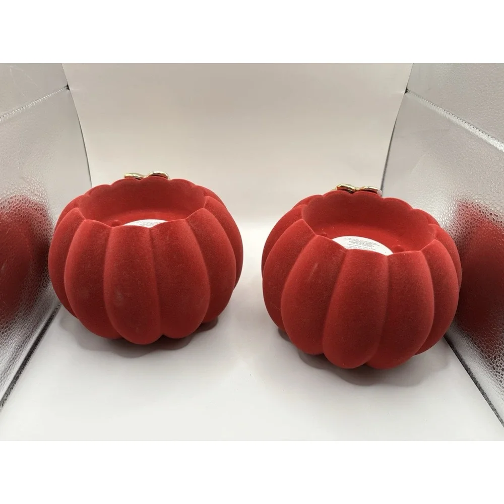 Set Of 2 Bath & Body Works 3 Wick Candle Holder Flocked Pumpkin w/gold leaf